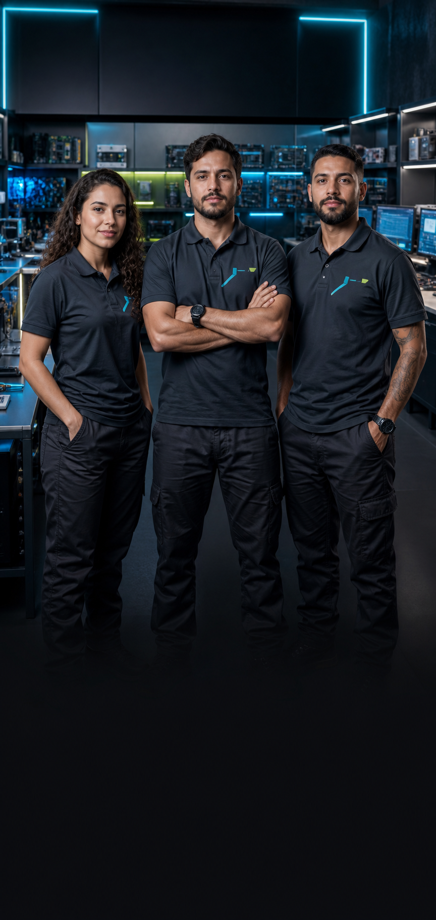 Equipe técnica da VILATECHBR uniformizada em laboratório de manutenção de computadores