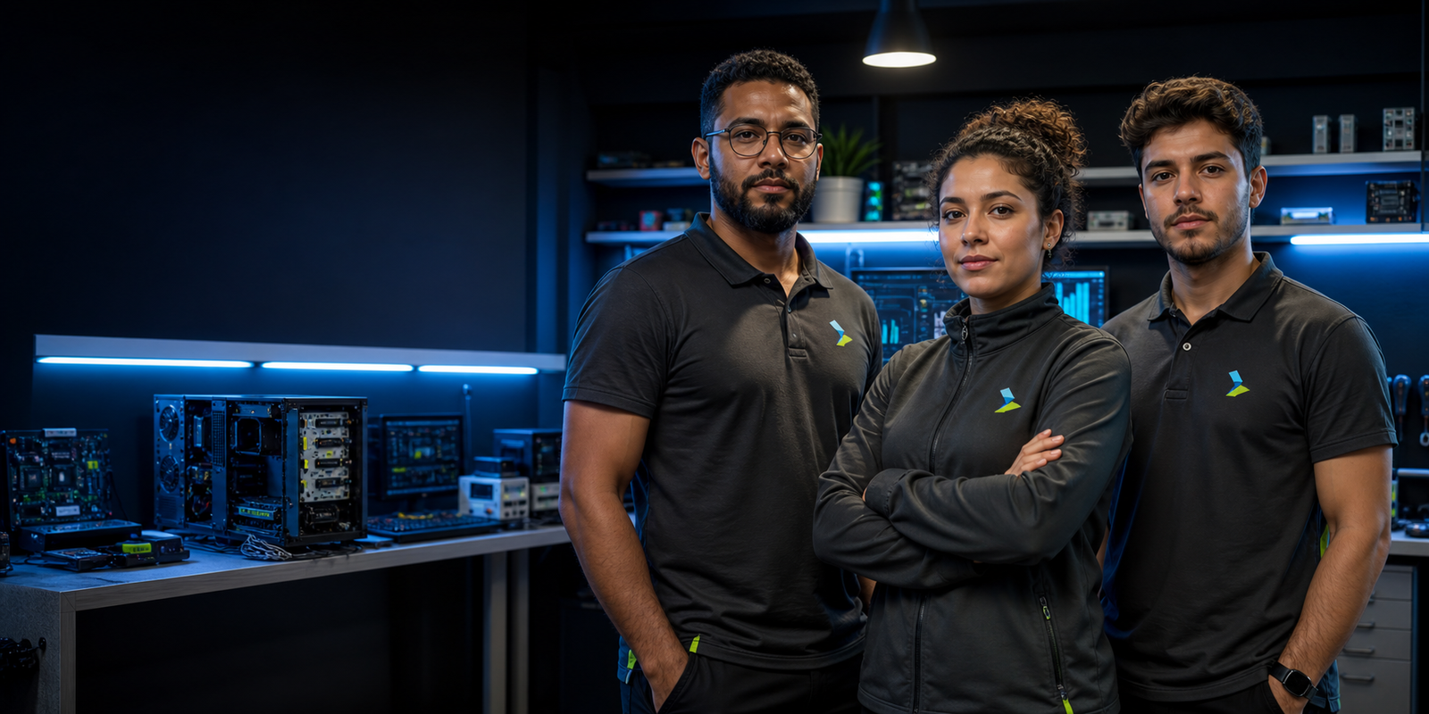 Equipe técnica da VILATECHBR em laboratório de manutenção de computadores